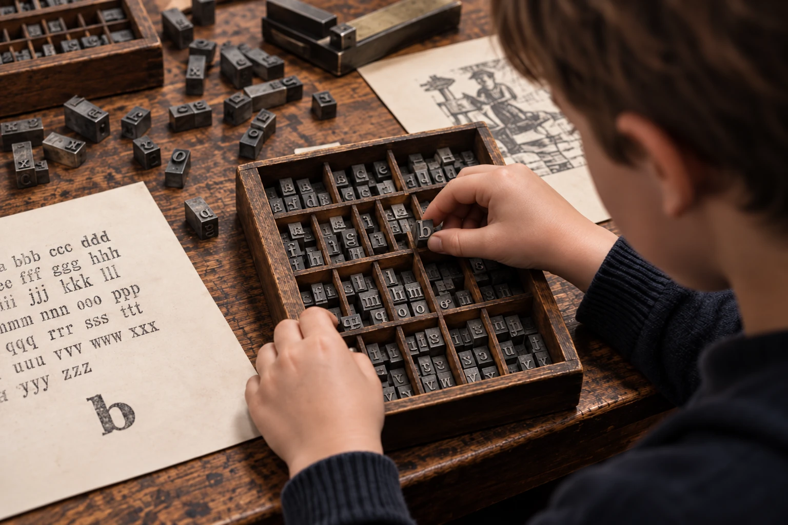 Composição manual de tipos móveis no Museu